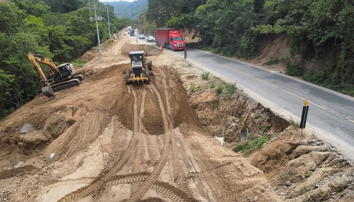 Trabajos de pavimentación y ampliación de carretera con maquinaria